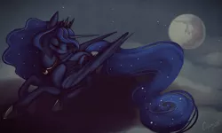 Size: 1280x768 | Tagged: safe, artist:casynuf, derpibooru import, princess luna, cloud, cloudy, dark, mare in the moon, moon, night, solo