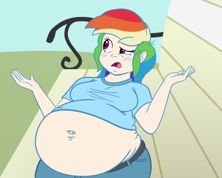 Size: 750x600 | Tagged: artist needed, bbw, belly, belly button, bellyring, big belly, chubby, derpibooru import, fat, human, humanized, lesson zero, muffin top, piercing, rainblob dash, rainbow dash, safe, scene interpretation, solo