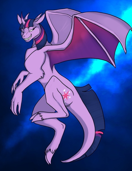 Size: 700x906 | Tagged: artist:foxenawolf, claws, derpibooru import, dragon, dragonified, evil grin, evil twilight, fangs, flying, horns, safe, solo, species swap, twilidragon, twilight sparkle