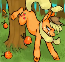 Size: 1280x1210 | Tagged: safe, artist:rinthefatdumbcat, derpibooru import, applejack, earth pony, pony, apple, apple tree, applebucking, applejack mid tree-buck facing the right with 3 apples falling down, applejack mid tree-buck with 3 apples falling down, bucking, female, grin, lidded eyes, mare, smiling, solo, tree, unshorn fetlocks