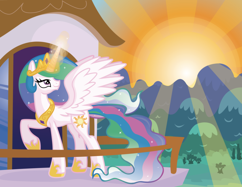 Size: 4265x3299 | Tagged: safe, artist:inkrose98, derpibooru import, princess celestia, balcony, solo, sunrise