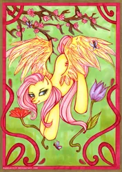 Size: 591x834 | Tagged: artist:madblackie, butterfly, derpibooru import, flower, fluttershy, portrait, safe, solo, tree