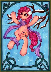 Size: 592x834 | Tagged: artist:madblackie, clothes, derpibooru import, pinkie pie, portrait, safe, scarf, snow, snowfall, solo, winter