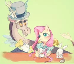 Size: 580x500 | Tagged: safe, artist:irislis44, derpibooru import, angel bunny, discord, fluttershy, draconequus, pegasus, pony, rabbit, alice in wonderland, blushing, clock, clothes, cup, dress, female, food, green background, hair ribbon, hat, mad hatter, male, mare, pixiv, pocket watch, ribbon, simple background, tea, teacup
