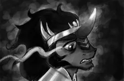 Size: 700x455 | Tagged: artist:caeledonian, bust, derpibooru import, fangs, king sombra, monochrome, sad, safe, solo, sombra eyes