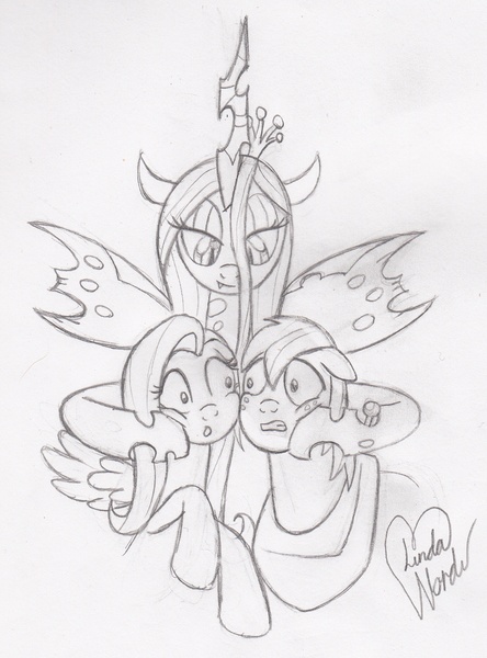 Size: 1350x1824 | Tagged: safe, artist:marindashy, derpibooru import, big macintosh, fluttershy, queen chrysalis, earth pony, pony, fluttermac, male, monochrome, now kiss, shipper on deck, shipping, stallion, straight, traditional art