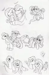 Size: 2233x3396 | Tagged: safe, artist:marindashy, derpibooru import, big macintosh, fluttershy, gilda, earth pony, gryphon, pony, fluttermac, male, monochrome, shipping, stallion, straight