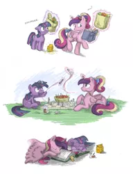 Size: 1050x1370 | Tagged: artist:onkelscrut, book, cherry, chess, comic, cute, derpibooru import, filly, filly twilight sparkle, groceries, magic, multitasking, paper bag, playing, princess cadance, safe, shopping, sleeping, slice of life, twilight sparkle