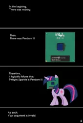 Size: 1100x1617 | Tagged: artist:greyone, derpibooru import, insane troll logic, intel, legit, not salmon, pentium iii, safe, twilight sparkle, wat