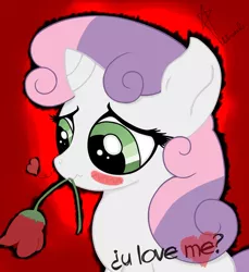 Size: 1194x1301 | Tagged: artist:vendetatj, blushing, cute, derpibooru import, diasweetes, heart, mouth hold, rose, safe, solo, sweetie belle