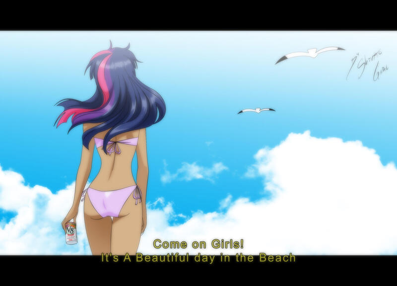 Size: 2888x2076 | Tagged: suggestive, artist:shinta-girl, derpibooru import, twilight sparkle, human, anime, ass, back, beach, bikini, clothes, fake screencap, female, humanized, image, jpeg, moderate dark skin, solo, solo female, subtitles, swimsuit, twilight darkle, v8 (drink)