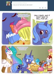 Size: 1000x1422 | Tagged: artist:pijinpyon, ask, ask little luna, banishment, cake, caught, comic, cupcake, dark magic, dead source, derpibooru import, food, ice cream, magic, pastry, pie, princess celestia, princess luna, s1 luna, safe, sisters, this will end in tears and/or a journey to the moon, to the moon, tumblr