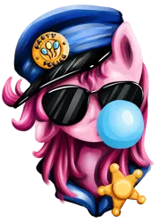 Size: 500x699 | Tagged: alternate hairstyle, artist:xioade, bubble, bubblegum, clothes, costume, derpibooru import, food, gum, looking at you, pinkie pie, police, portrait, safe, solo, sunglasses