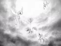 Size: 1024x768 | Tagged: safe, artist:murphylaw4me, derpibooru import, derpy hooves, fluttershy, pinkie pie, rainbow dash, pegasus, pony, balloon, cloud, cloudy, female, flying, mare, monochrome, muffin, traditional art