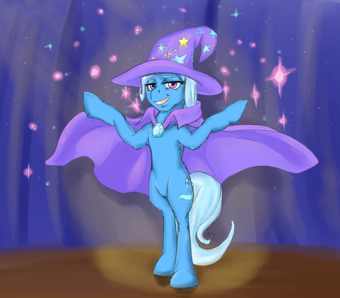 Size: 2237x1959 | Tagged: safe, artist:avgjoe, derpibooru import, trixie, pony, bipedal, magic, smiling, solo, sparkles, stage