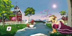 Size: 1264x632 | Tagged: applejack, artist:auroriia, barn, beret, bone, bridge, canvas, clothes, derpibooru import, dress, fence, lens flare, paws, pinkie pie, river, safe, scenery, stream, tree