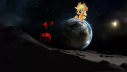 Size: 1024x576 | Tagged: safe, artist:flashbeer, derpibooru import, applejack, pony, apple, applestare, earth, giant pony, giantess, macro, pony bigger than a planet, surreal, wallpaper, wat