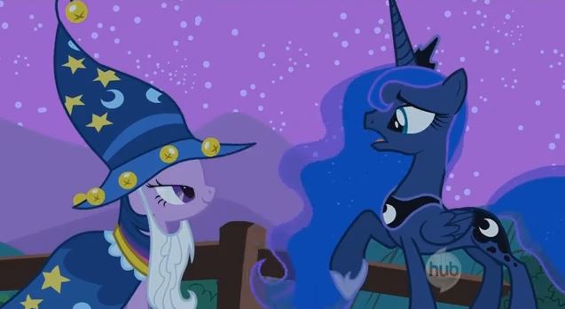Size: 637x348 | Tagged: safe, derpibooru import, screencap, princess luna, star swirl the bearded, twilight sparkle, luna eclipsed, bedroom eyes, clothes, costume, out of context, shipping fuel