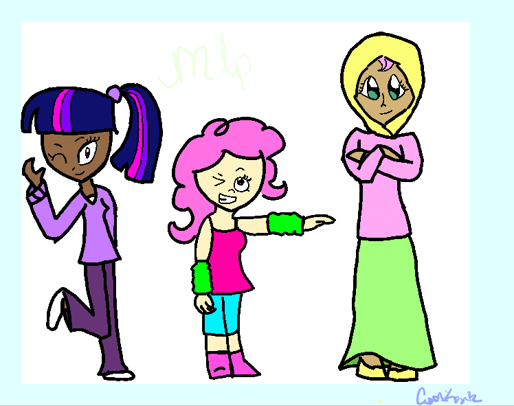 Size: 748x591 | Tagged: artist:kitty-perry, derpibooru import, fluttershy, hijab, human, humanized, islam, islamashy, pinkie pie, safe, twilight sparkle