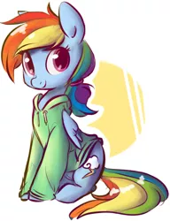 Size: 556x724 | Tagged: safe, artist:briskby, artist:rustydooks, derpibooru import, rainbow dash, pegasus, pony, clothes, cute, female, hoodie, looking at you, mare, ponytail, solo