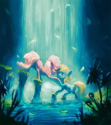 Size: 1420x1600 | Tagged: artist:assasinmonkey, crepuscular rays, derpibooru import, forest, glow, oc, oc:sonik, oc:tropical breeze, safe, unofficial characters only, water, waterfall