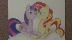 Size: 3072x1728 | Tagged: safe, artist:thefriendlyelephant, derpibooru import, sunset shimmer, twilight sparkle, twilight sparkle (alicorn), alicorn, pony, unicorn, female, lesbian, shipping, sunsetsparkle, traditional art