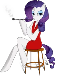 Size: 1650x2093 | Tagged: safe, artist:franticlava, derpibooru import, rarity, semi-anthro, clothes, dress, pipe, sitting, smoking, solo, stool