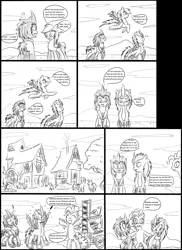 Size: 1024x1407 | Tagged: safe, artist:mephilez, derpibooru import, derpy hooves, pinkie pie, ponified, pegasus, pony, comic, crossover, female, knock out, mare, monochrome, starscream, transformers, transformers prime