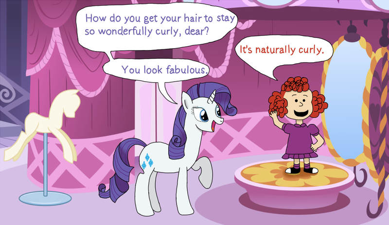 Size: 1024x593 | Tagged: safe, artist:allonsbro, derpibooru import, rarity, crossover, frieda, naturally curly hair, peanuts