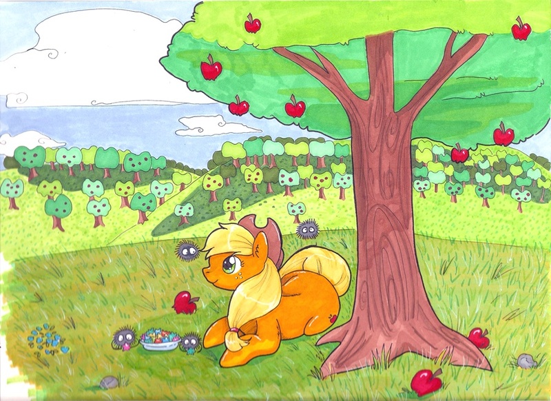 Size: 900x655 | Tagged: apple, applejack, artist:seethecee, derpibooru import, safe, solo, traditional art, tree