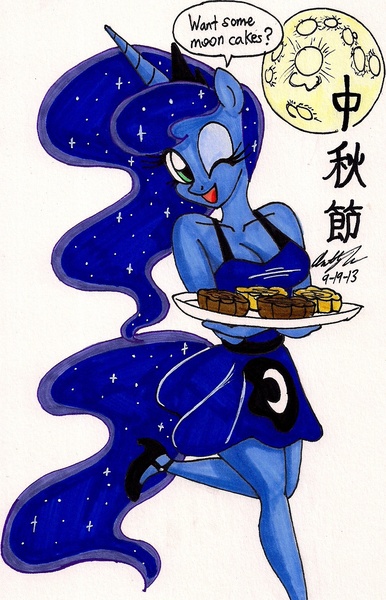 Size: 1046x1624 | Tagged: anthro, artist:newyorkx3, cake, cleavage, clothes, derpibooru import, dress, female, food, mid-autumn festival, moon, mooncake, plantigrade anthro, princess luna, safe, solo, traditional art