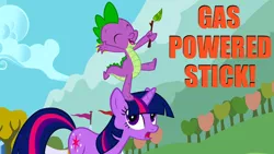 Size: 640x360 | Tagged: safe, derpibooru import, edit, edited screencap, screencap, spike, twilight sparkle, fall weather friends, bravest warriors, duo, gas powered stick, image macro, twig