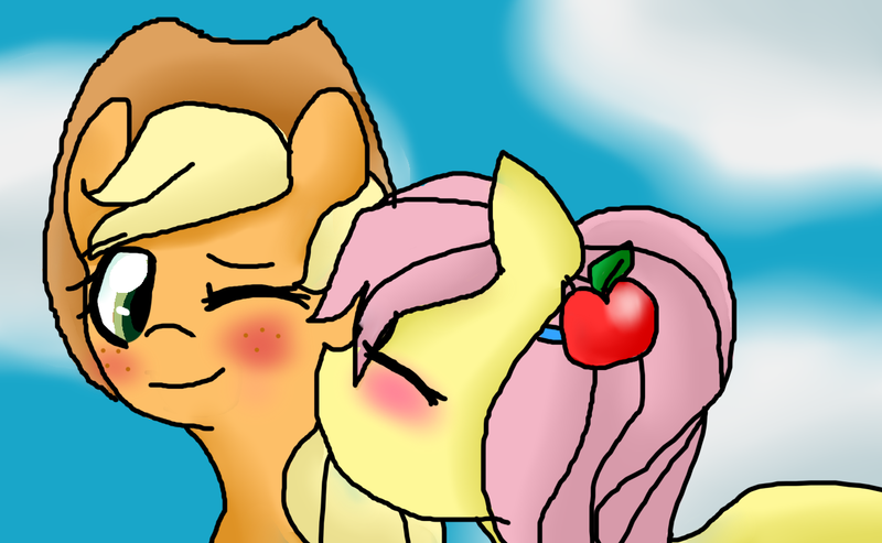 Size: 1280x788 | Tagged: applejack, appleshy, artist:sunniedoodles, blushing, derpibooru import, female, fluttershy, hairclip, kissing, lesbian, safe, shipping