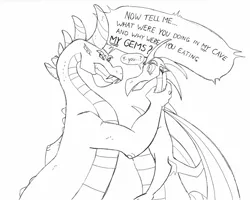 Size: 744x595 | Tagged: adult spike, artist:queencold, black and white, choking, derpibooru import, dialogue, dragon, grayscale, gritted teeth, monochrome, older, reginald, revenge, safe, simple background, sketch, spike, spikezilla, spread wings, white background, wings, yelling