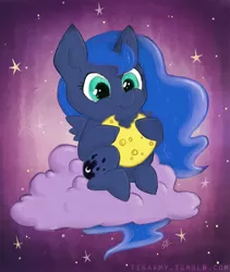 Size: 844x1000 | Tagged: safe, artist:erysz, derpibooru import, princess luna, alicorn, pony, cheese, cloud, cute, eating, edible heavenly object, female, filly, lunabetes, moon, signature, solo, stars, tangible heavenly object, tumblr, woona
