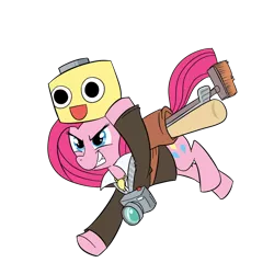 Size: 1000x1000 | Tagged: artist:madmax, camera, clothes, crossover, dead rising, derpibooru import, frank west, pinkie pie, safe, servbot, simple background, solo, transparent background, video game