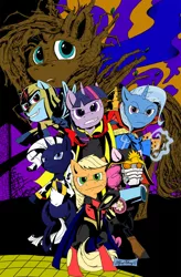 Size: 724x1103 | Tagged: safe, artist:prinnywesker, derpibooru import, applejack, fluttershy, pinkie pie, rainbow dash, rarity, trixie, twilight sparkle, pony, adam warlock, bipedal, cannon, captain marvel (marvel), clothes, crossover, doctor strange, groot, grootershy, guardians of the galaxy, mane six, marvel, nova, peter quill, quasar, star-lord, starlord, warlock