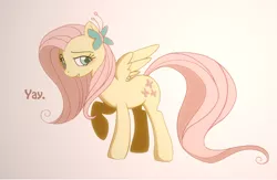 Size: 1000x653 | Tagged: safe, artist:science fox, derpibooru import, fluttershy, butterfly, pegasus, pony, blushing, gradient background, raised hoof, solo, yay