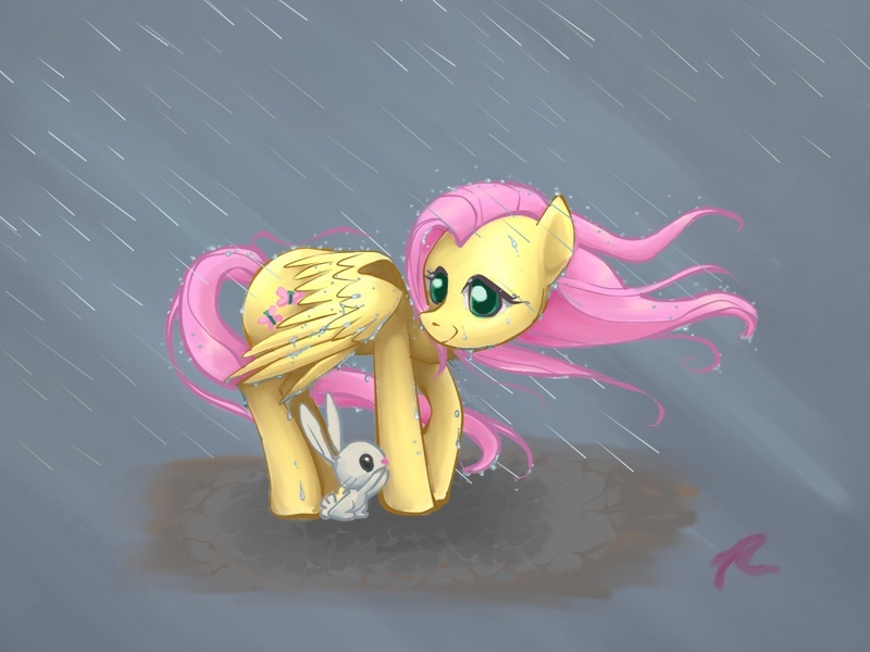 Size: 1024x768 | Tagged: angel bunny, artist:snip-veritas, fluttershy, happy, kindness, rabbit, rain, safe, sheltering, wet mane, wind, windswept mane