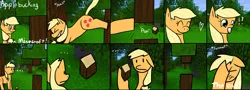 Size: 1024x367 | Tagged: applejack, artist:candiedkittens, comic, derpibooru import, minecraft, safe, wood