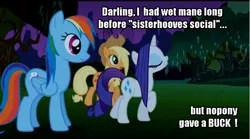 Size: 800x446 | Tagged: applejack, derpibooru import, dialogue, edit, edited screencap, image macro, rainbow dash, rarity, safe, screencap, sisterhooves social, wet, wet mane, wet mane rarity