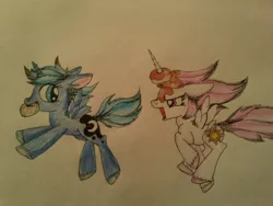 Size: 1024x768 | Tagged: safe, artist:penkatshi, derpibooru import, princess celestia, princess luna, alicorn, pony, angry, cewestia, chase, cute, donut, filly, horn grab, simple background, traditional art, woona, younger