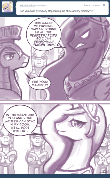 Size: 700x1128 | Tagged: safe, artist:johnjoseco, derpibooru import, dinky hooves, princess celestia, alicorn, pony, ask princess molestia, princess molestia, ask, comic, royal guard, tumblr