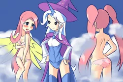 Size: 1440x960 | Tagged: artist:drantyno, assisted exposure, blushing, boots, bra, braless, breasts, cape, cleavage, clothes, clothing theft, covering, cutie mark underwear, derpibooru import, embarrassed, embarrassed underwear exposure, female, fluttershy, frilly underwear, hat, horned humanization, human, humanized, humiliation, leotard, magic abuse, magician outfit, panties, pinkie pie, pink underwear, prank, shoes, socks, stripped by magic, suggestive, thigh highs, topless, trixie, trixie's cape, trixie's hat, underwear, undressing, vest, winged humanization, yellow underwear