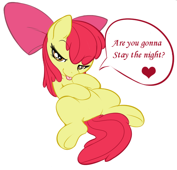 Size: 607x585 | Tagged: suggestive, artist:0r0ch1, derpibooru import, edit, apple bloom, bedroom eyes, bloom butt, butt, featureless crotch, female, heart, implied foalcon, licking, looking at you, on back, presenting, seductive, simple background, smiling, solo, solo female, song reference, stay the night, teasing, tongue out, zedd