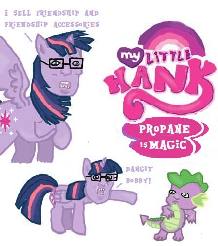 Size: 447x506 | Tagged: safe, derpibooru import, edit, spike, twilight sparkle, twilight sparkle (alicorn), alicorn, pony, bobby hill, bobbyfied, crossover, female, fim logo, hank hill, king of the hill, logo, logo edit, mare, my little x, needs more jpeg, wat