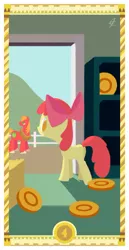 Size: 400x775 | Tagged: safe, artist:janeesper, derpibooru import, apple bloom, big macintosh, earth pony, pony, coin, four of coins, four of diamonds, male, stallion, tarot card