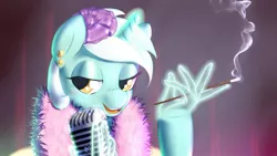 Size: 1920x1080 | Tagged: safe, artist:yoka-the-changeling, derpibooru import, lyra heartstrings, pony, unicorn, cigarette, cigarette holder, hand, looking at you, magic, magic hands, microphone, smoking, solo