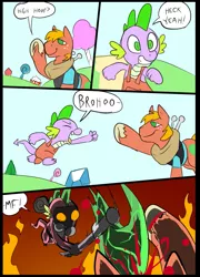 Size: 697x967 | Tagged: grimdark, artist:metal-kitty, derpibooru import, big macintosh, spike, dragon, earth pony, pony, axe, blood, comic, crossover, heavy, heavy mac, male, meet the pyro, pyro, pyrovision, spike pyro, stallion, team fortress 2