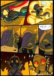 Size: 697x967 | Tagged: artist:metal-kitty, burning, comic, crossover, derpibooru import, fire, fluttershy, gas mask, mask, meet the pyro, pyro, rainbow dash, rainbow scout, scout, semi-grimdark, sniper, snipershy, spike, spike pyro, team fortress 2